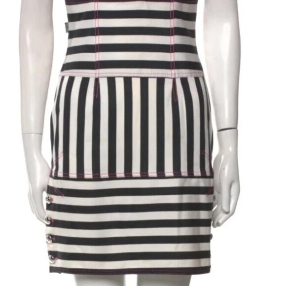 MOSCHINO JEANS BLACK WHITE STRIPED PINK STITCH BUTTON VINTAGE 1990S DRESS USA 8 - Picture 13 of 16